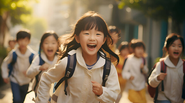 Japanese schoolchildren with backpacks run and laugh, Generative AI 2
