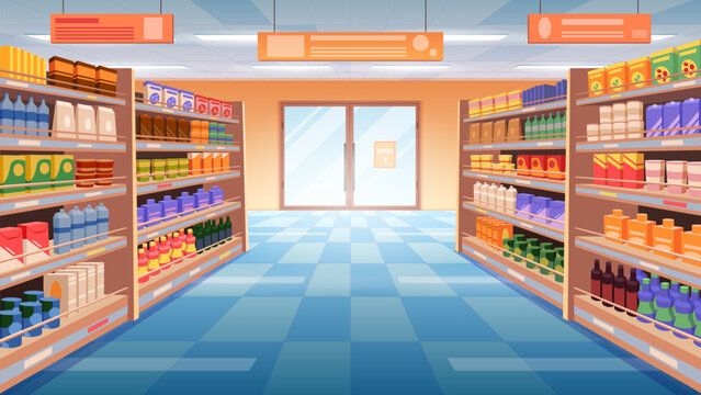 Perspective view of supermarket, grocery store aisle vector illustration. Cartoon mart interior with shelves and rack for variety of food product display and sales, full assortment of goods to buy