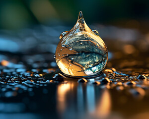 Macro Shot of a Water Droplet Reflecting the Surrounding Environment - Generative AI