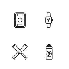 Set line Fitness shaker, Crossed baseball bat, Football field and Smart watch with heart icon. Vector