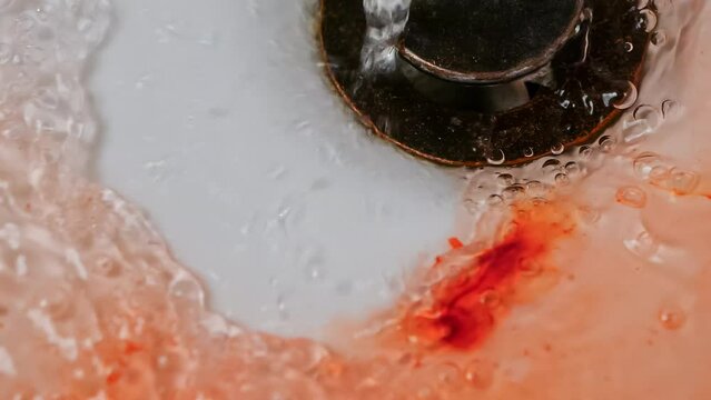 Close-up slow motion video clip of bright red blood drops being washed down the drain of a white porcelain sink basin