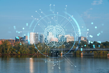 Panoramic view, Washington towards Arlington financial downtown, city skyline over Potomac River. Virginia. Artificial Intelligence concept, hologram. AI, machine learning, neural network, robotics