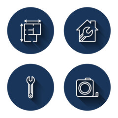 Set line House plan, with wrench spanner, Wrench and Roulette construction with long shadow. Blue circle button. Vector