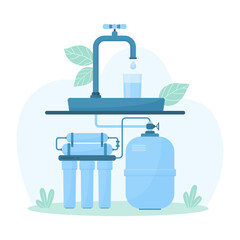 Home water purification vector illustration. Cartoon infographic scheme of filtration system for home use, filter containers and plastic tank for water storage under tap in kitchen or bathroom - obrazy, fototapety, plakaty