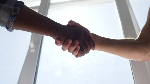 Close-up low-angle view of two unrecognizable multiracial colleagues shaking hands in office on background of window and bright sunbeam, slow motion. Diverse businessmen conclude successful agreement.