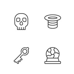 Set line Magic ball, Old magic key, Skull and hat icon. Vector