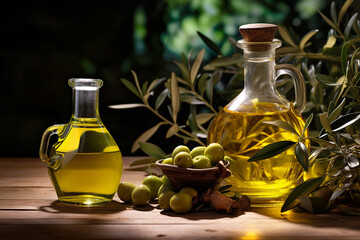 Still life of olives and olive oil bottles on wooden table | AI