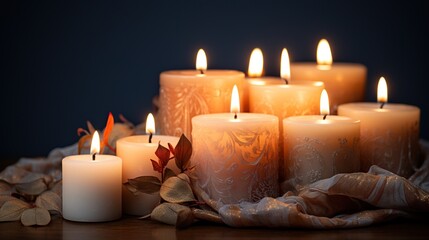 Fototapeta na wymiar Beautiful Burning candles light on dark surface AI generated image