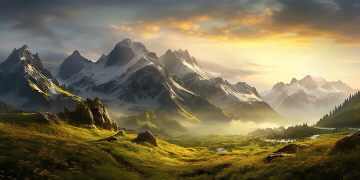 AI Generated. AI Generative. Mountain forest lake landscape background. Adventure explore trekking hikking journey vibe style