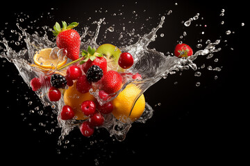 Fototapeta na wymiar Vibrant AI generator illustration of various fruits in splashing water