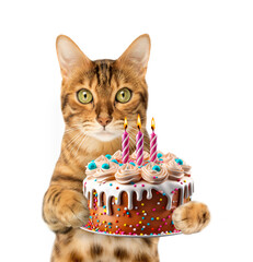 Naklejka na ściany i meble Ginger cat with a birthday cake and candles on a white background.