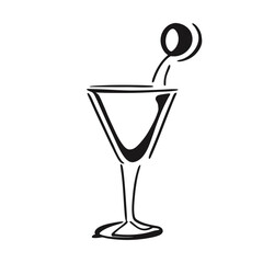 Martini glass icon. Cocktail glass, doodle style. Line art. Minimalism. Black and white illustration.