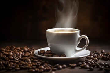 Realistic illustration of a steaming cup of coffee with coffee beans in the background. ai generated