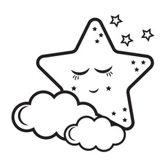 Sleepy star sleeps in the clouds, doodle style black outline
