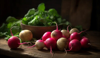Realistic illustration of radishes on wooden table and green vegetables in background for healthy salad. ai generated