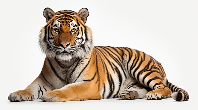 Tiger sitting looking, isolated on white background AI generated image