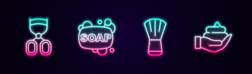 Set line Eyelash curler, Bar of soap, Makeup brush and Shaving foam on hand. Glowing neon icon. Vector
