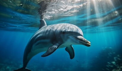 Obraz premium Dolphin swimming in a coral reef. ai generated