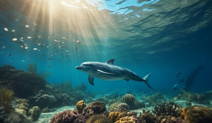 Dolphin swimming in a coral reef. ai generated