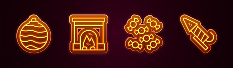 Set line Christmas ball, Interior fireplace, Candy and Firework rocket. Glowing neon icon. Vector