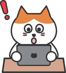 Surprised tabby cat while using a digital tablet, vector illustration.