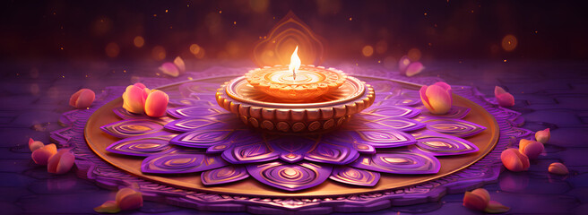 Fototapeta na wymiar Vibrant Diwali Rangoli with Lamp on Purple Background: Illuminating Festive Playfulness - AI-Generated