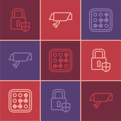 Set line Shield security with lock, Graphic password protection and Security camera icon. Vector