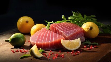 Cod fillet of fresh tuna with lemon and vegetables. Generative Ai