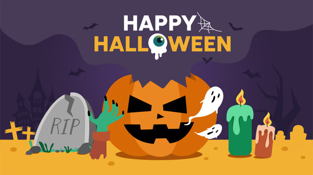 halloween banner with pumpkin ,gravestone, candle, bloom and ghost on yellow-purple background.