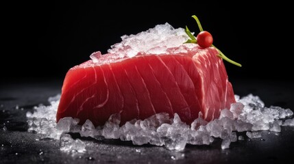 Raw fresh tuna on on ice. Cod fillet of fresh tuna. Generative Ai