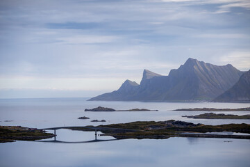 Serene lake landscape with bridge and mountains