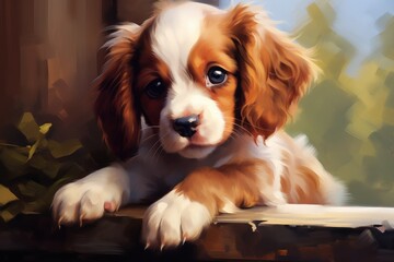 Painting of a cavalier monarch puppy
