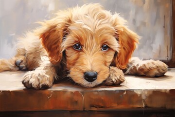Painting of a puppy sleeping on a bed