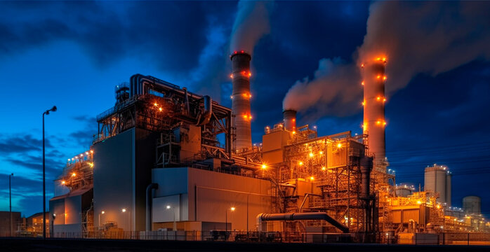 Factory industrial pipes pollute the atmosphere, chimney exhaust gases, thick puffs of smoke AI generated image