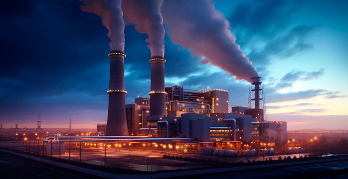 Factory industrial pipes pollute the atmosphere, chimney exhaust gases, thick puffs of smoke AI generated image