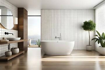 Fototapeta na wymiar Modern sustainable bathroom interior with accessories and potted plant on wooden table opposite white tile wall, Generative AI