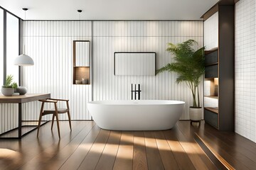 Fototapeta na wymiar Modern sustainable bathroom interior with accessories and potted plant on wooden table opposite white tile wall