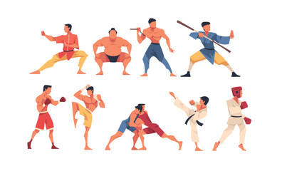 Different Types of Struggle with Man Engaged in Martial Arts Vector Set