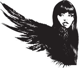 Vector silhouette portrait.  Grunge angel