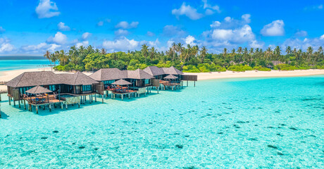 Maldives paradise island. Tropical aerial landscape, seascape pier, water bungalows villas amazing sea lagoon beach. Exotic tourism destination, summer vacation. Beautiful nature, palm trees sea sky - obrazy, fototapety, plakaty