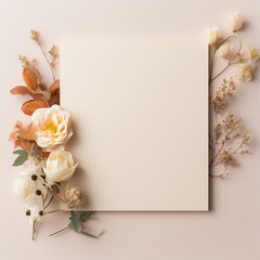 Blank paper card on surround floral, wedding card mockup on pastel color background.