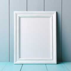 White picture frame mockup on wood table with home decoration, Afternoon light by the window.