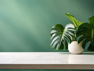 Fototapeta na wymiar White Marble Stone Counter Table, Complemented by the Vibrant Presence of a Tropical Monstera Plant Tree on a Green Wall Background. Generative ai