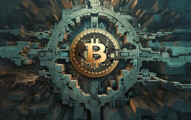 Fototapeta premium Wallpaper of a Bitcoin safe with gears and cogs