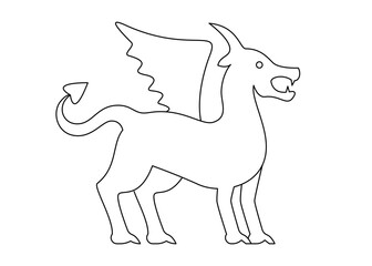 Dragon abstract symbol, zodiac sign, dinosaur minimal line art style. Dragon with wings. Vector isolated illustration