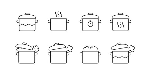 Pot for cooking on kitchen, pan cuisine icon line set. Pots for cook food. Vector illustration