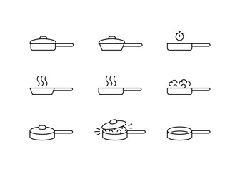 Skillet for cooking on kitchen, frying pan cuisine icon line set. Fry, stew, saute cook food. Vector illustration
