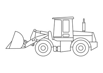 Loader vehicle, industrial bulldozer, transport for excavation, lineart coloring. Digger loader truck. Work excavator, tractor. Vector illustration