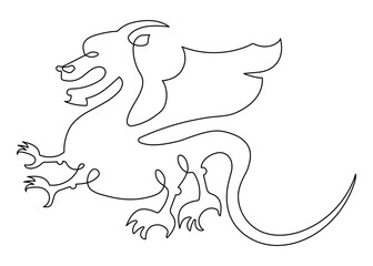 Dragon abstract symbol, zodiac sign, dinosaur minimal line art style. Dragon with wings. Vector isolated illustration