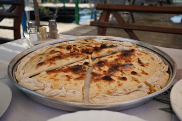 Traditional albanian pie (lakror) served at a restaurant at korca